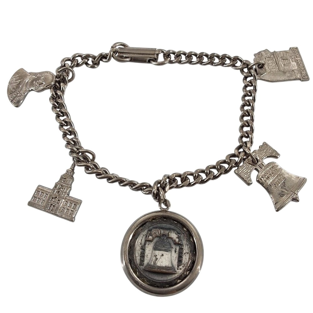 Vintage 1776-1976 Philadelphia Souvenir Charm Bracelet Liberty Bell Ben Franklin